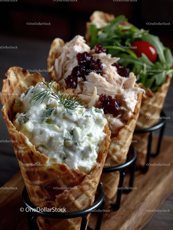 Gourmet Ice Cream Cones with Chicken Salad and Cherry Tomatoes