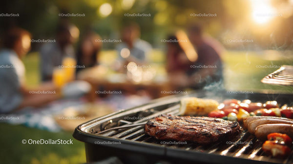 Grill na świeżym powietrzu z pieczonym stekiem i warzywami na ruszcie