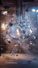 Dramatic Glass Explosion with Falling Shards and Debris