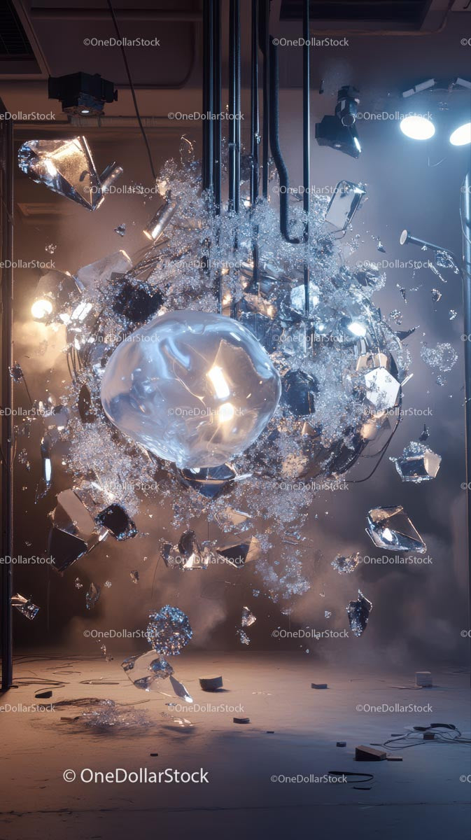 Dramatic Glass Explosion with Falling Shards and Debris