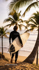 Surfer walking on sandy path towards ocean waves