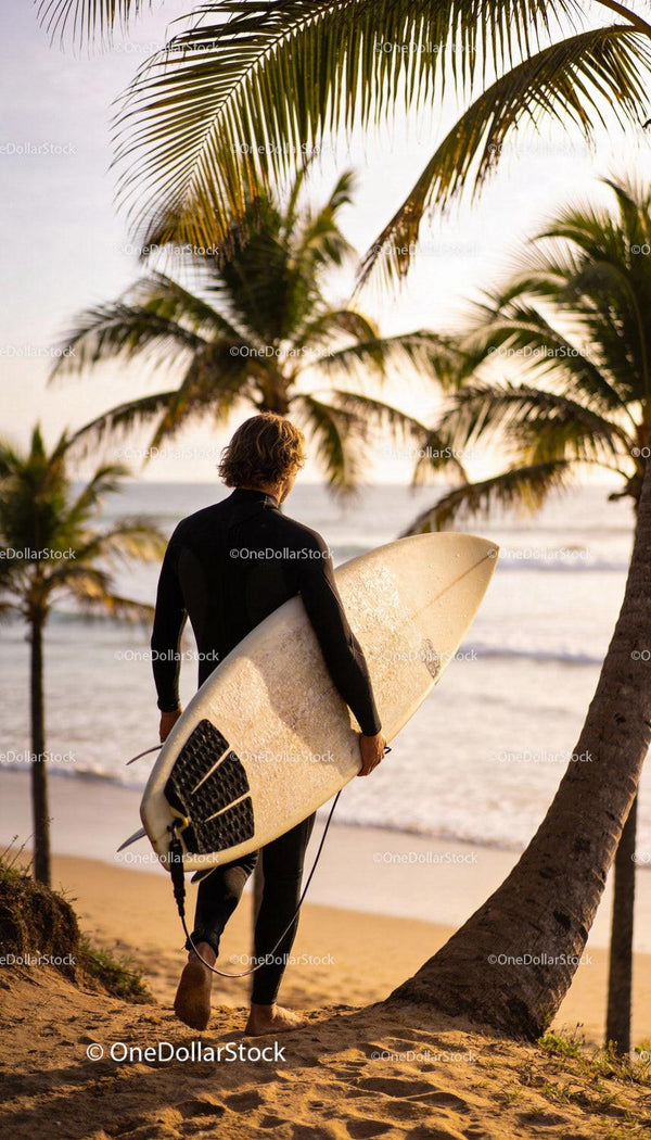 Surfer walking on sandy path towards ocean waves