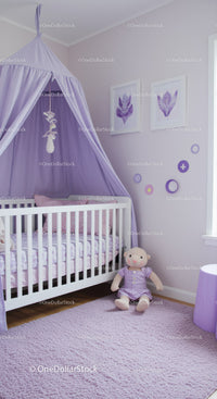 Pink and Purple Nursery with Baby Crib and Plush Teddy Bear
