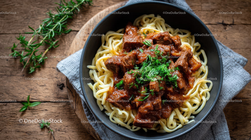 Beef Stew Over Pasta in Rustic Black Bowl for Comfort Food