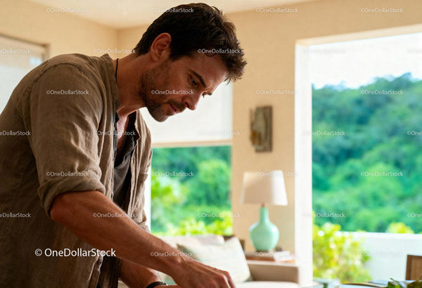 Focused man engaging in creative work at home