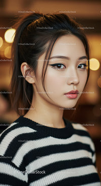 Elegant Woman with Makeup Wearing Striped Sweater in Warm Indoor Environment