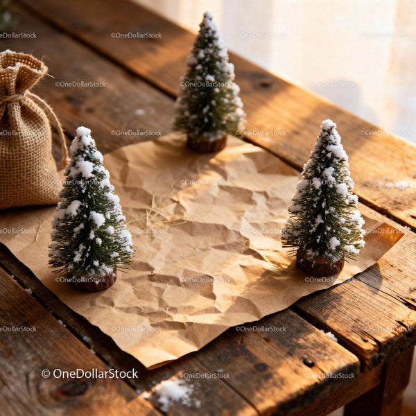 Miniature Snowy Christmas Trees on Rustic Wooden Table