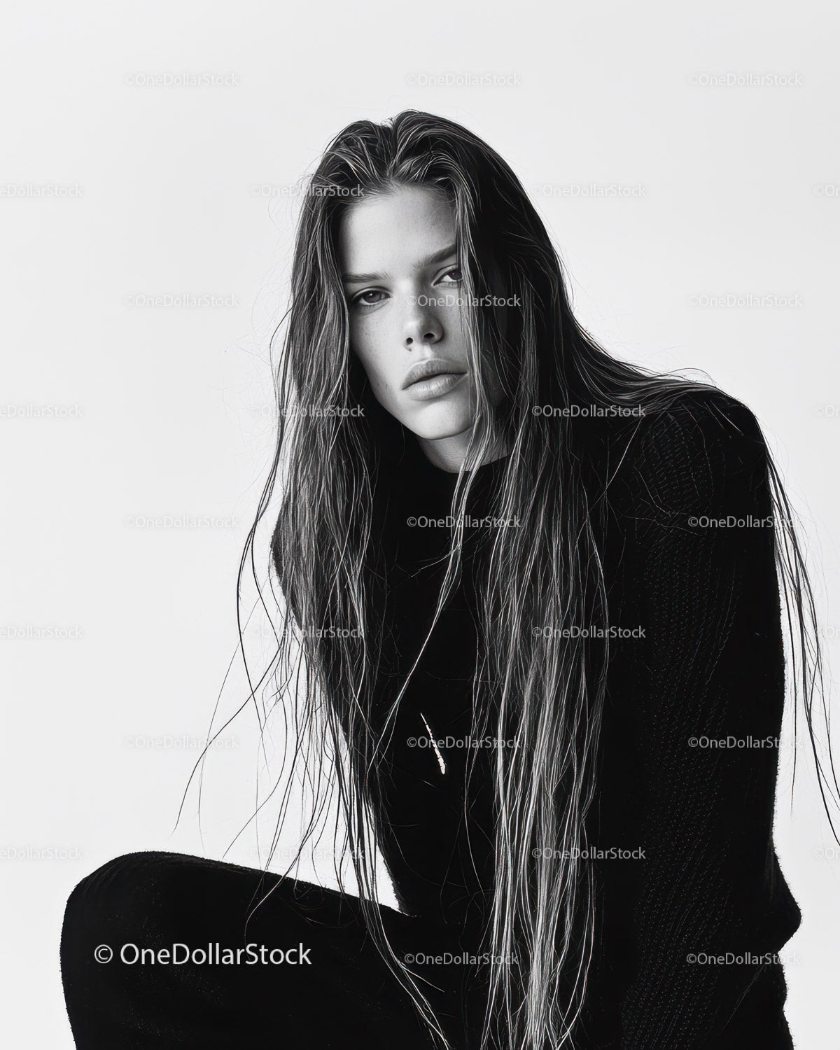 Black and White Fashion Portrait of a Young Woman with Wet Hair