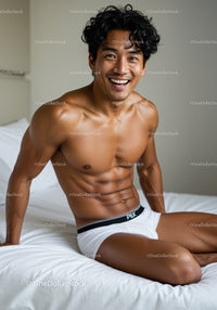 Smiling muscular man sitting on bed in white briefs
