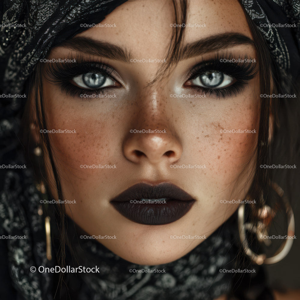 Close-up Beauty Portrait of a Woman with Blue Eyes and Black Lips