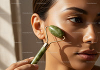 Close-Up of Young Woman Using Jade Roller for Facial Massage