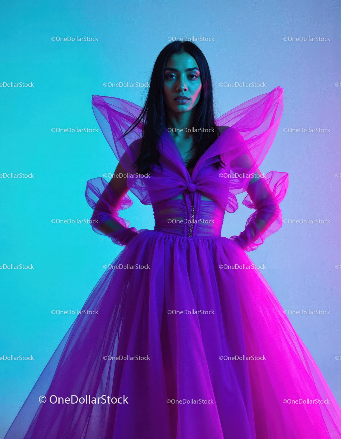 Fashion Model Wearing Vibrant Purple Tulle Gown in Neon Lighting