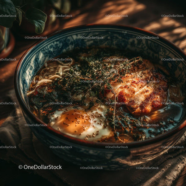Hearty Ramen Bowl with Egg and Fresh Herbs in Rustic Setting
