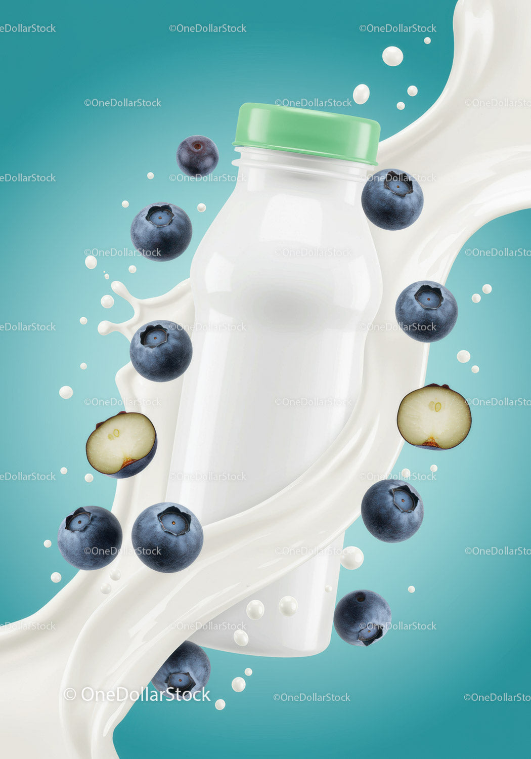 Blueberry yogurt bottle with creamy milk splash