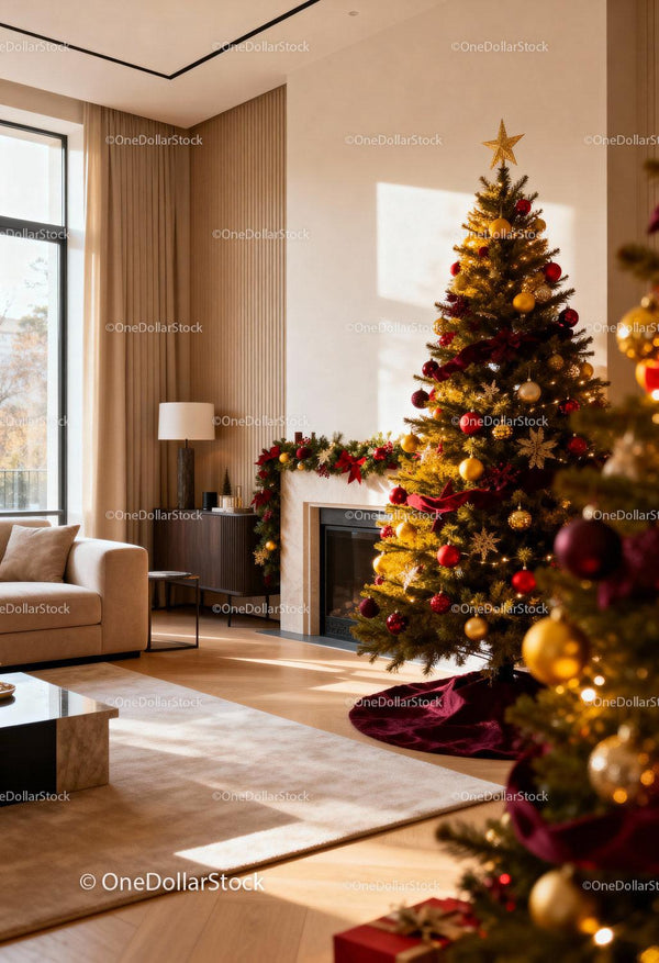 Festive living room with decorated Christmas tree