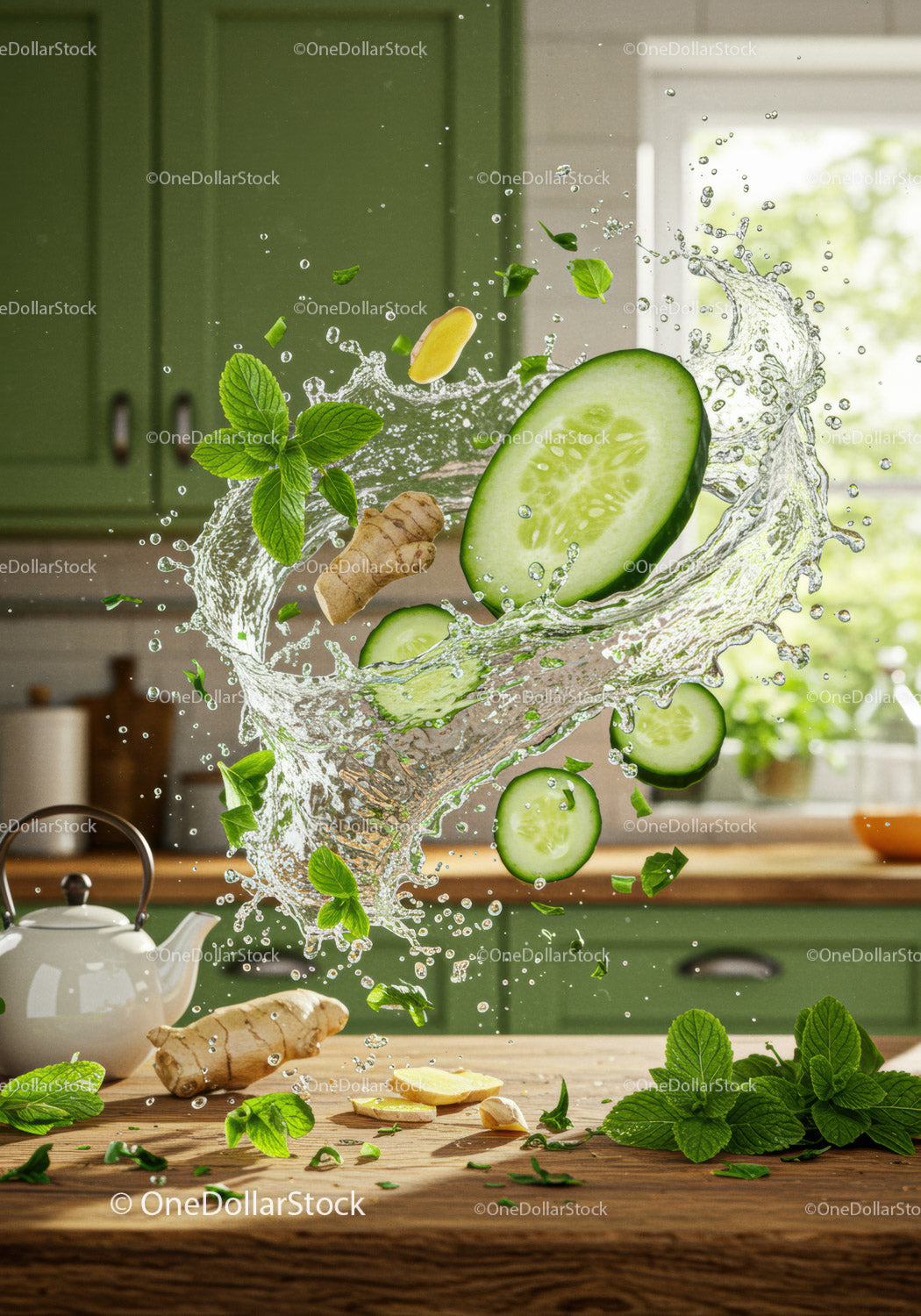 Fresh cucumber slices splashing with herbs and water