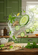 Fresh cucumber slices splashing with herbs and water