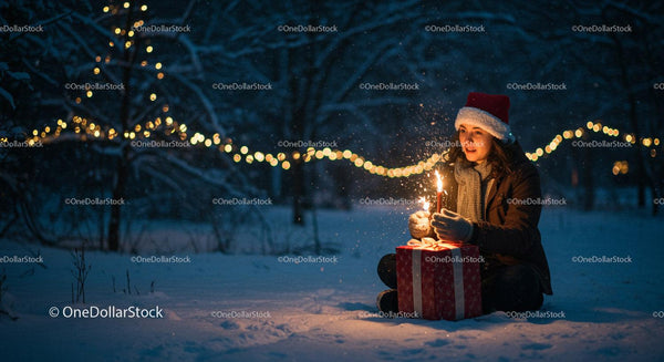 Woman in Santa Hat Lighting Candle on Christmas Gift