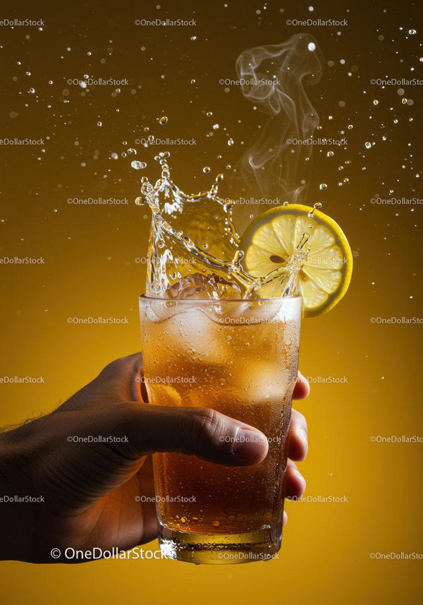 Refreshing iced tea with lemon splash in hand