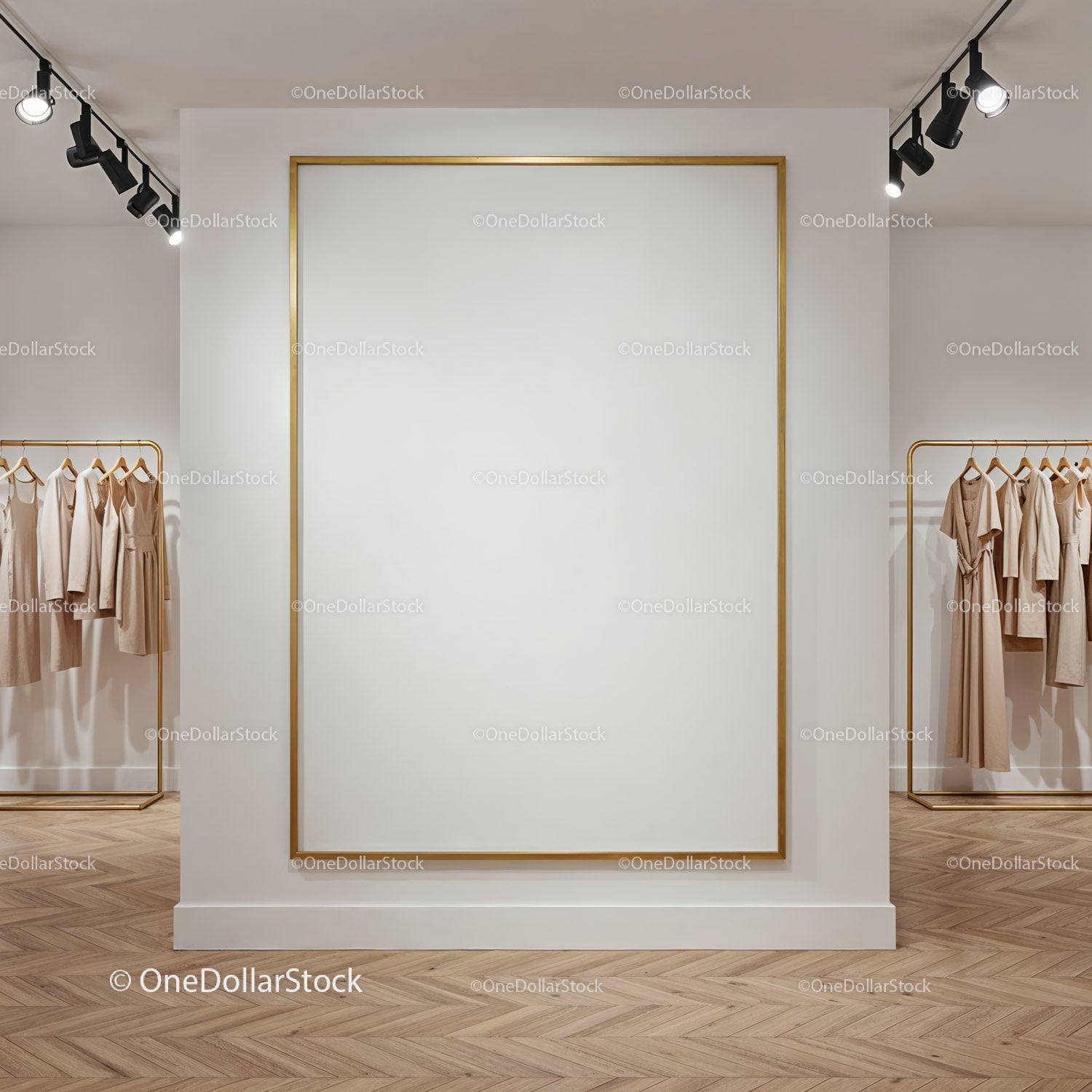 Minimalist fashion boutique with blank display frame