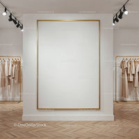 Minimalist fashion boutique with blank display frame
