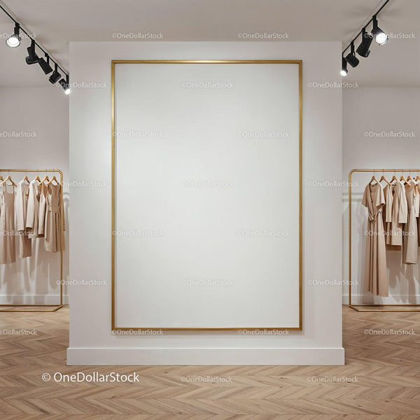 Minimalist fashion boutique with blank display frame JPG Mockup Image