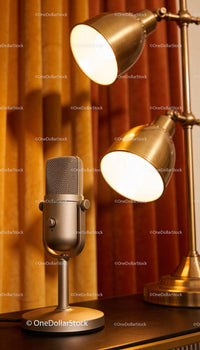 Vintage Microphone and Warm Lamp Lighting for Podcast