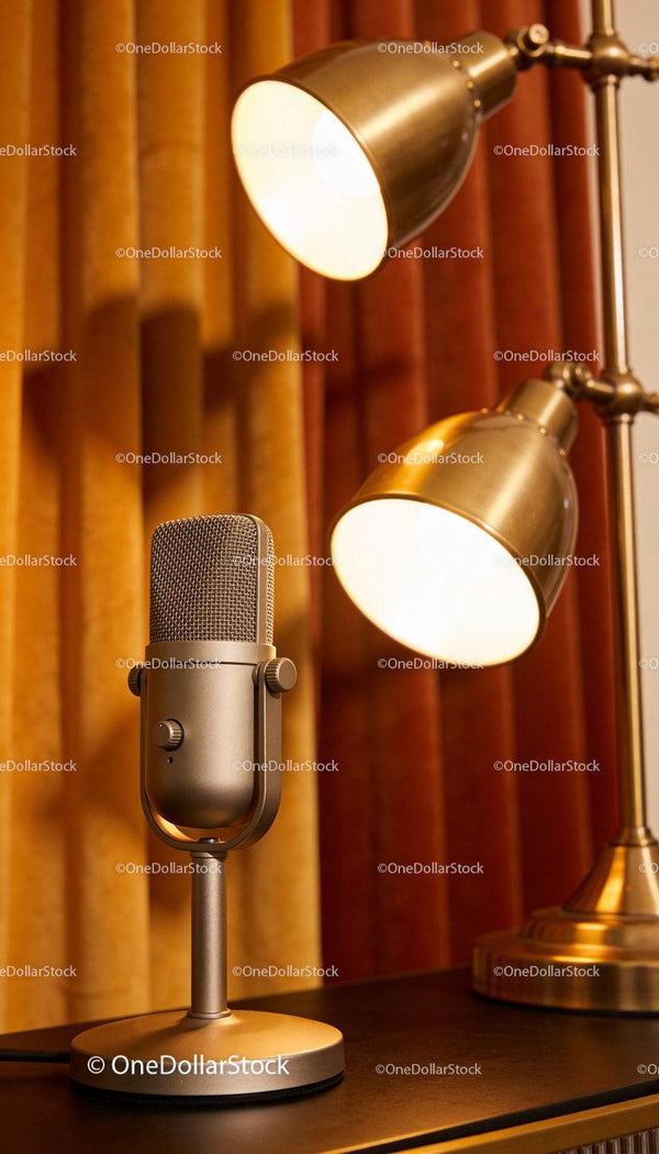 Vintage mikrofon i ciepłe oświetlenie lampy do podcastu