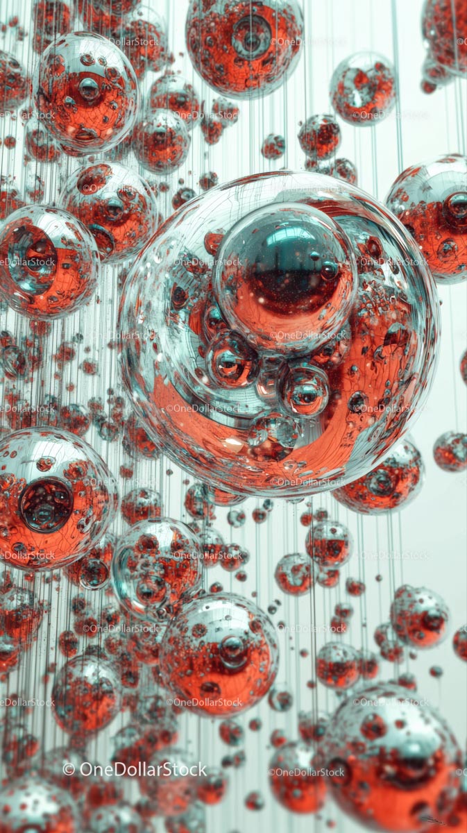 Abstract Glass Spheres with Red Bubbles in Futuristic Installation