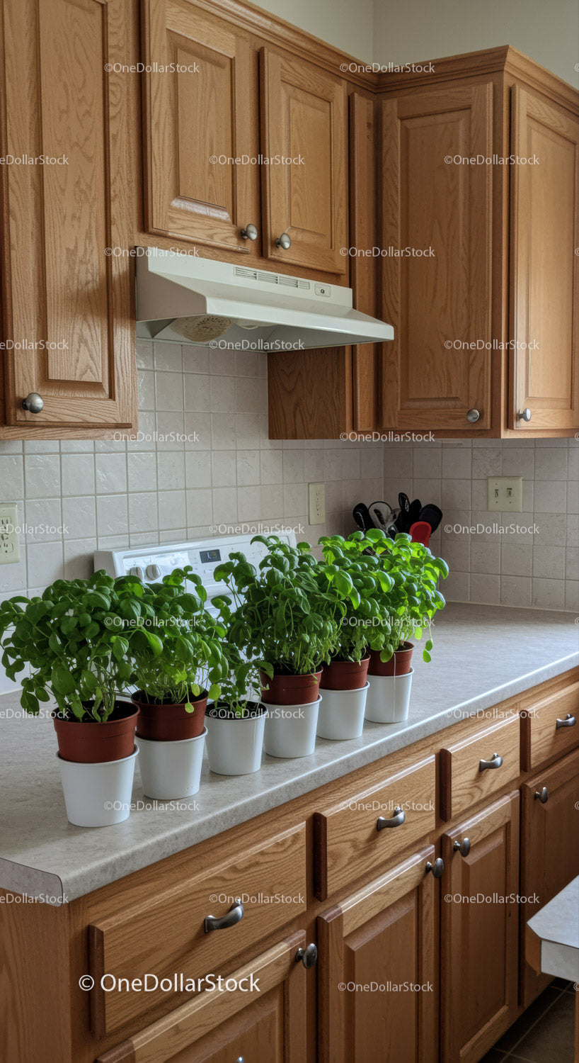 Fresh Basil Plants on Kitchen Counter with Wooden Cabinets and Modern Decor