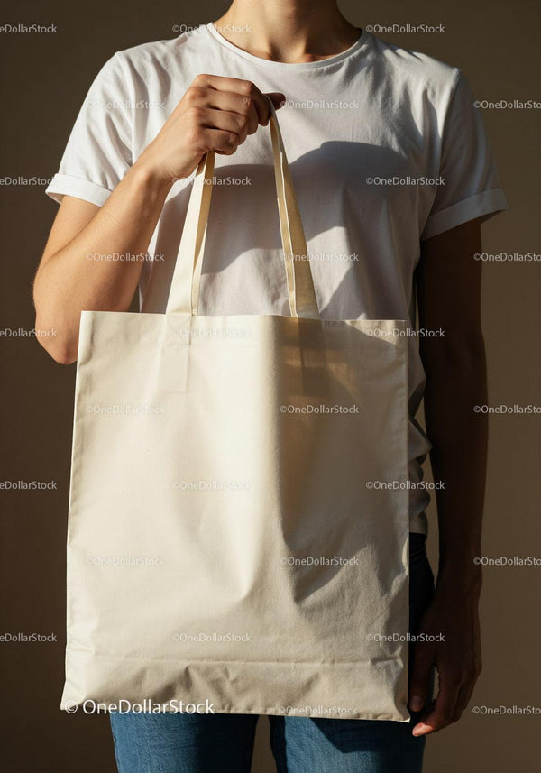 Person Holding Plain Natural Cotton Tote Bag JPG Mockup Image