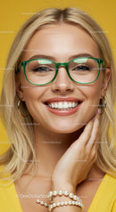 Smiling blonde woman with green glasses and pearl bracelet