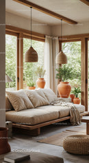 Cozy beige sofa corner with natural light and greenery