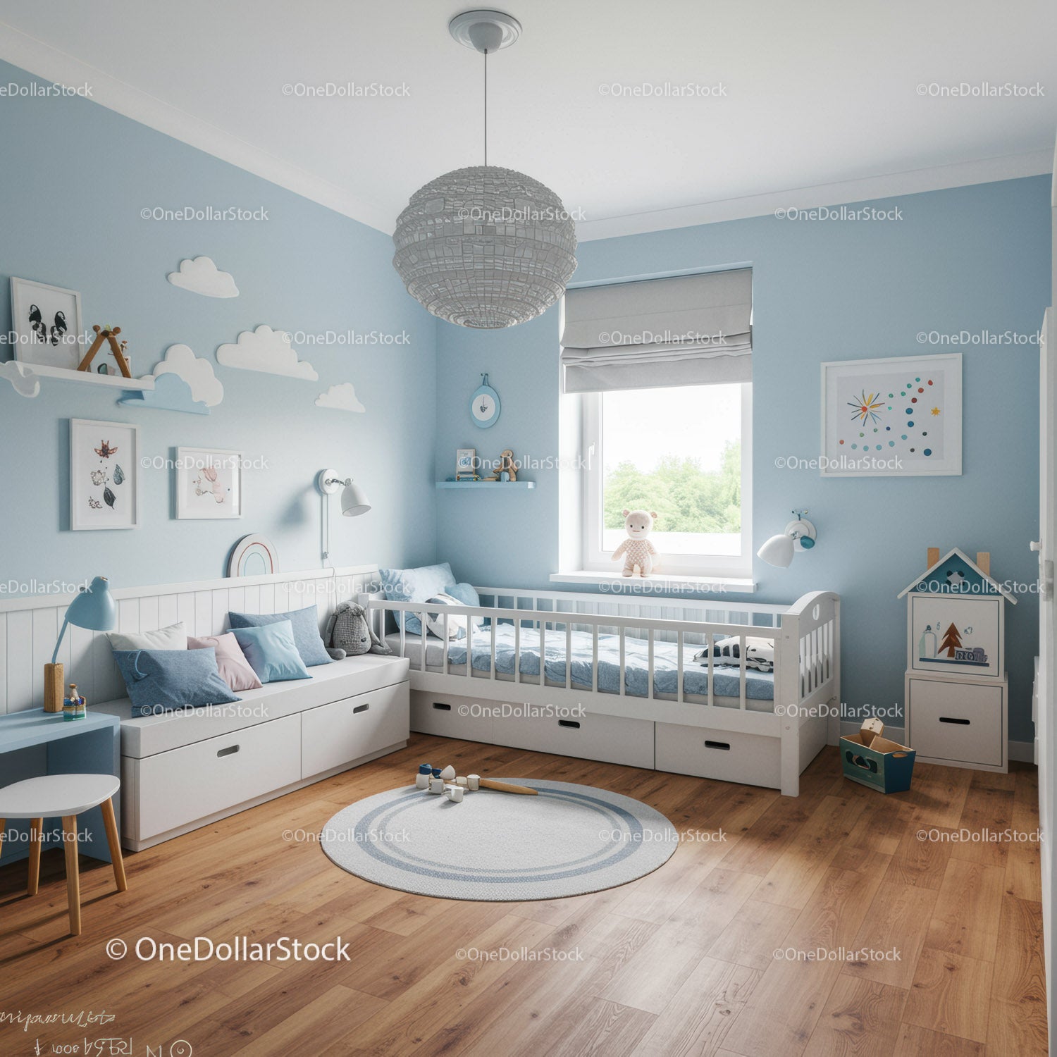 Cute Kids Bedroom with Blue Walls and Playful Decor