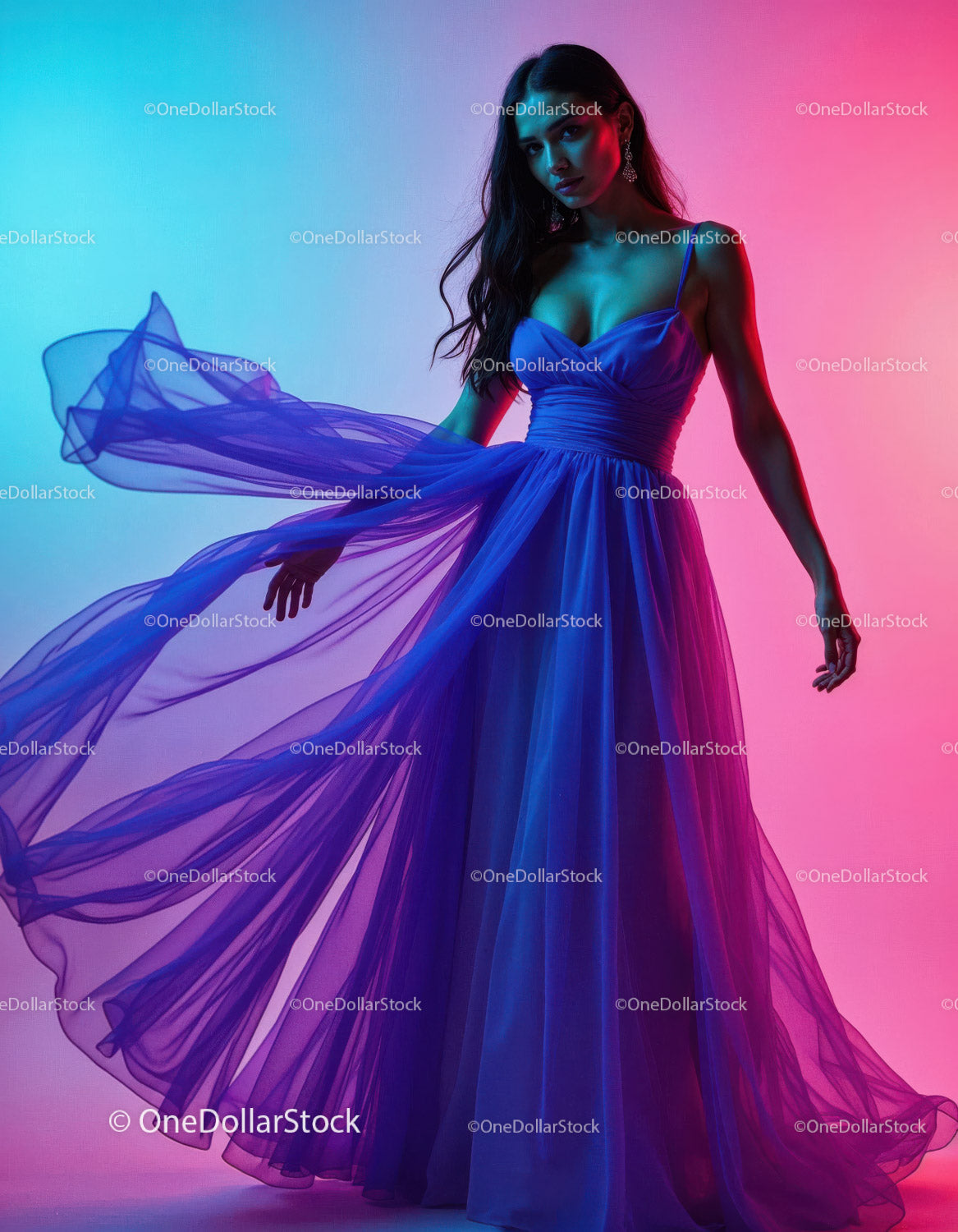 Elegant Woman in Blue Dress with Colorful Lighting