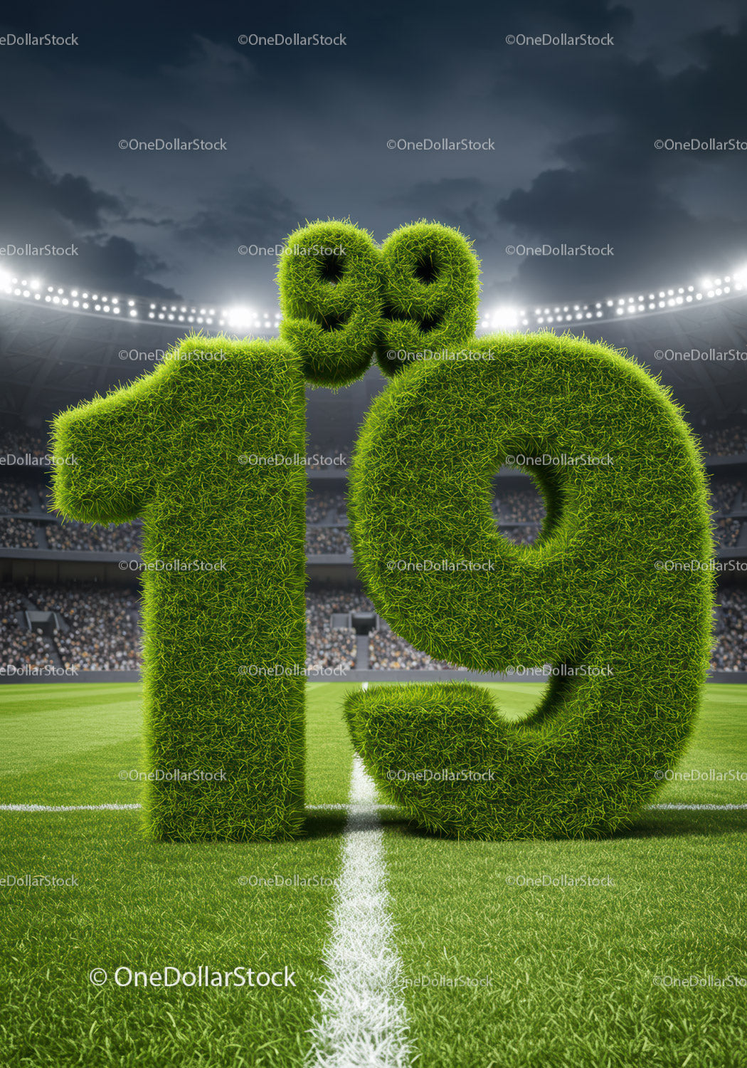 Grass-covered number 19 on a soccer field goal line