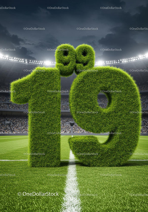 Grass-covered number 19 on a soccer field goal line