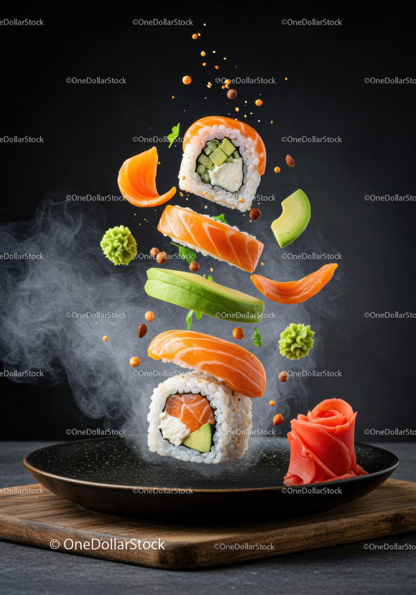 Fresh salmon sushi rolls with floating ingredients