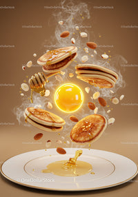 Floating Pancakes with Honey and Almonds on Plate
