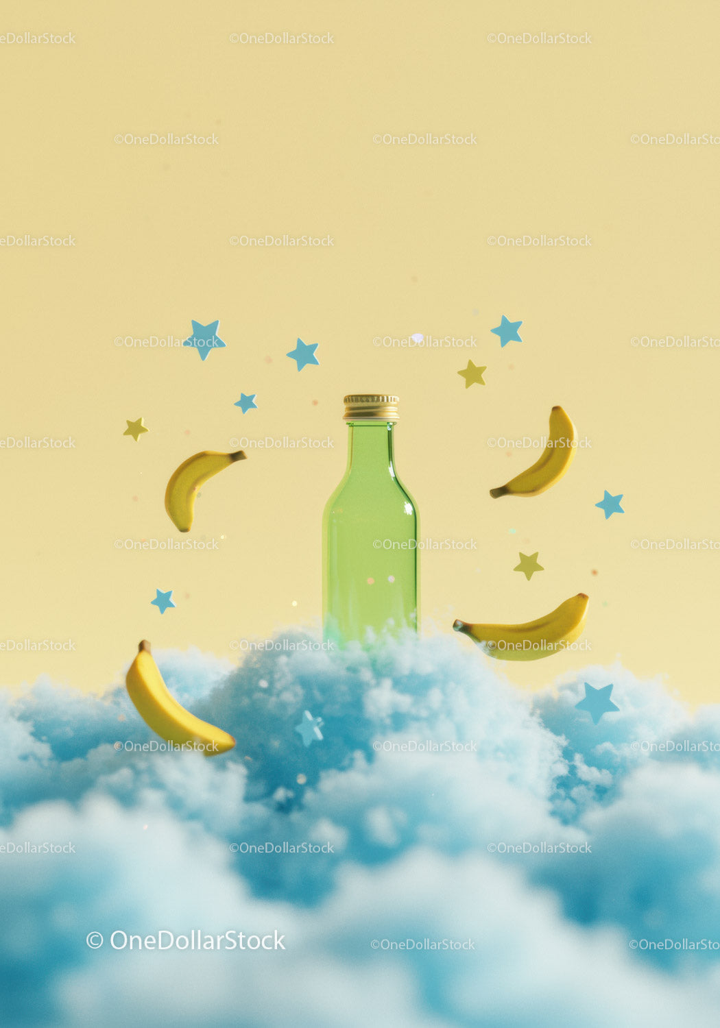 Zielona szklana butelka otoczona unoszącymi się bananami i gwiazdami