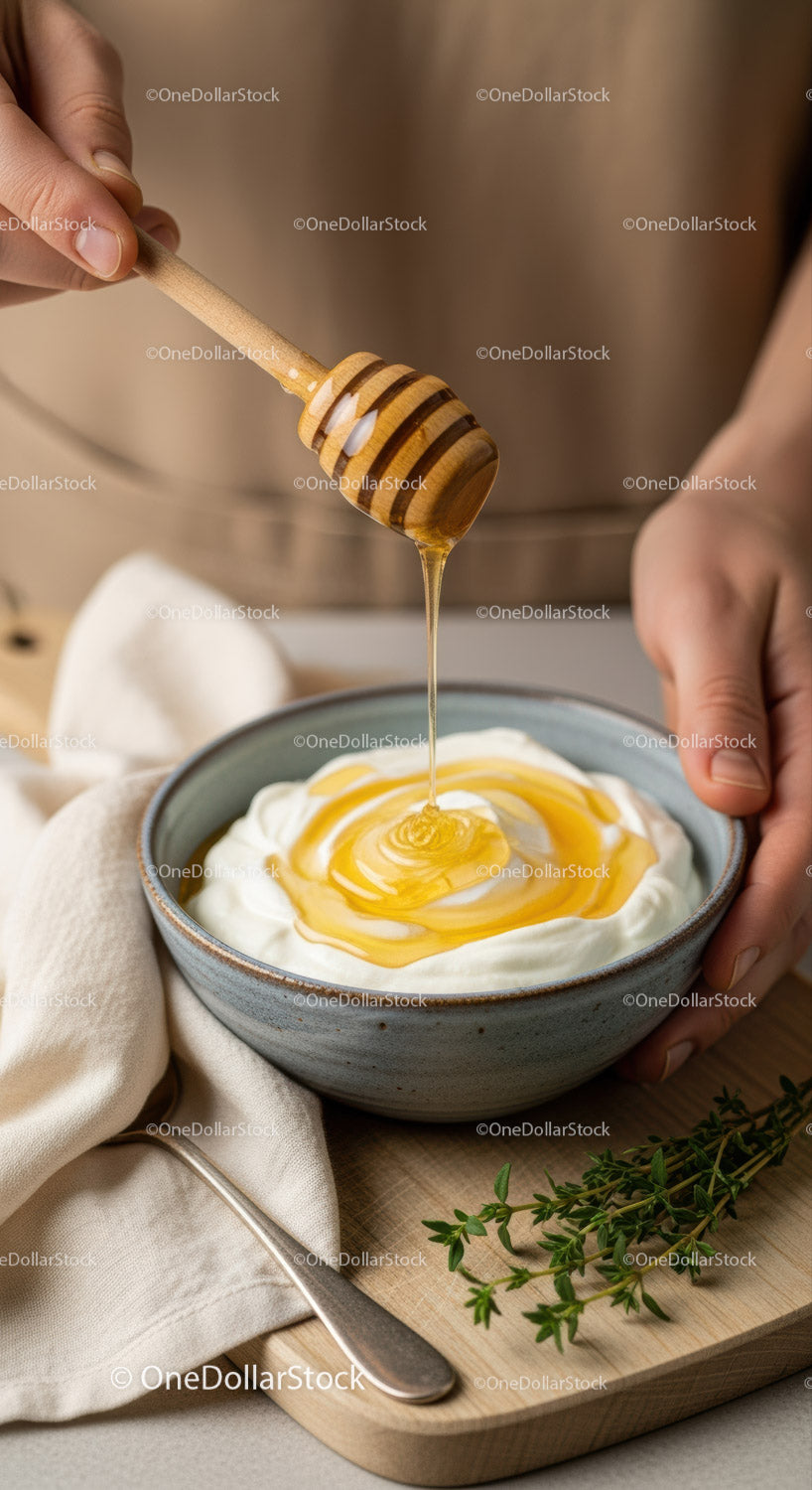 Honey Dripping from Wooden Dippler Over Yogurt with Honey Swirl