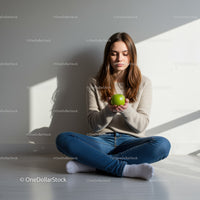 Young woman sitting on floor holding green apple
