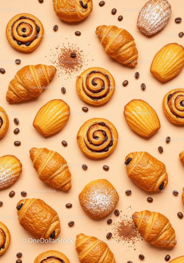 Fresh assorted pastries with coffee beans on beige background