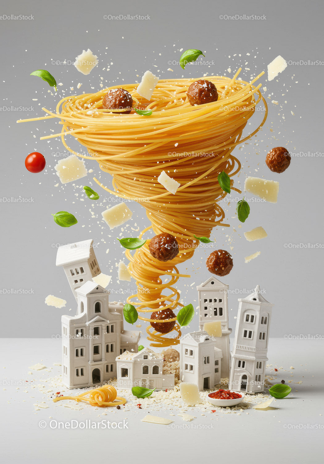 Floating spaghetti tornado with meatballs and basil over mini houses
