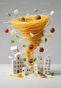 Floating spaghetti tornado with meatballs and basil over mini houses