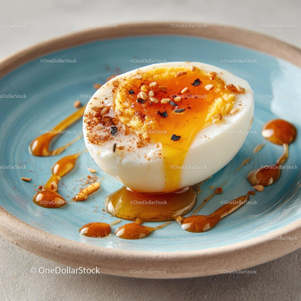 Close-up of a Soft Boiled Egg with Spicy Seasoning in a Ceramic Bowl