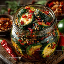 Vibrant Spicy Cucumber Kimchi in Glass Jar with Fresh Vegetables