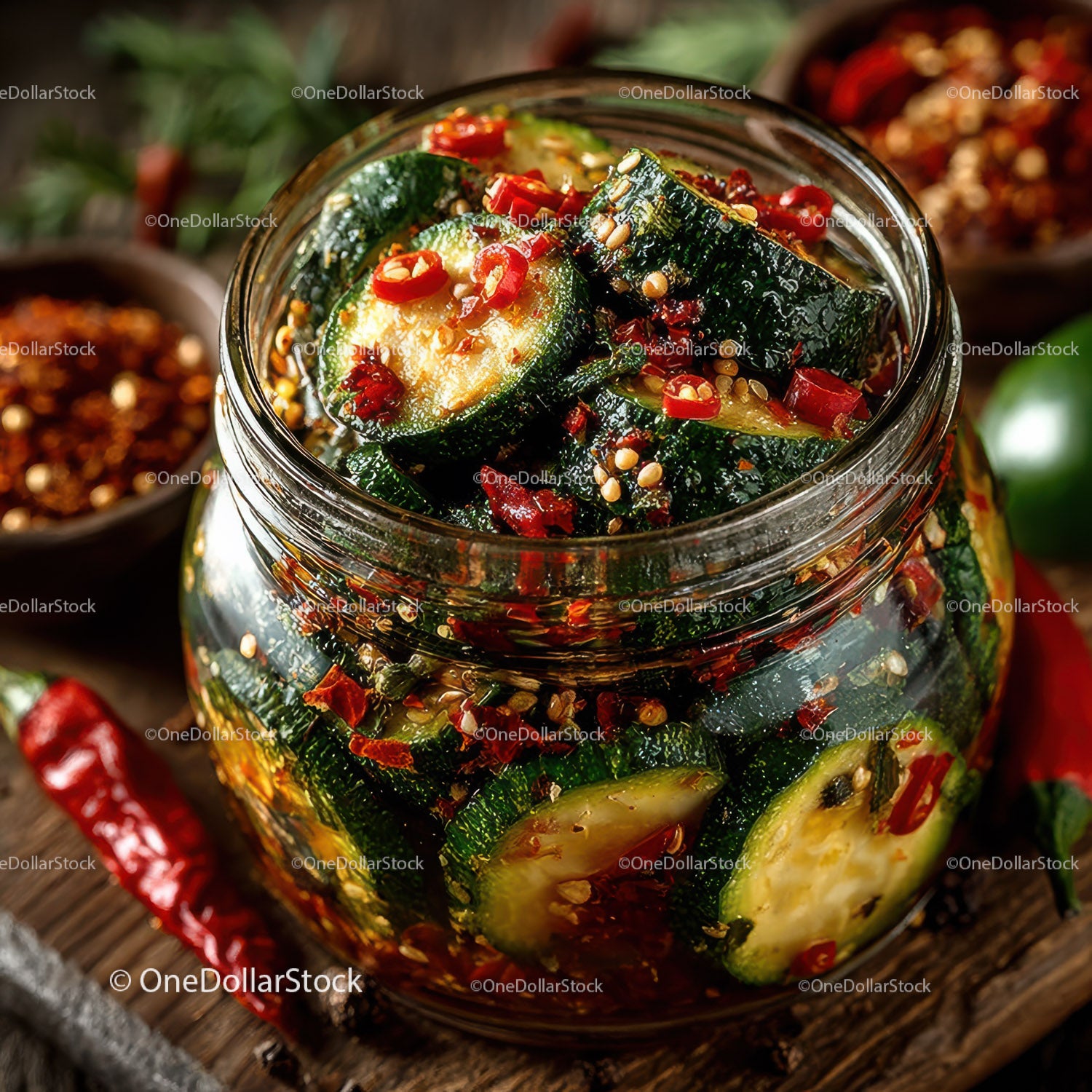 Vibrant Spicy Cucumber Kimchi in Glass Jar with Fresh Vegetables