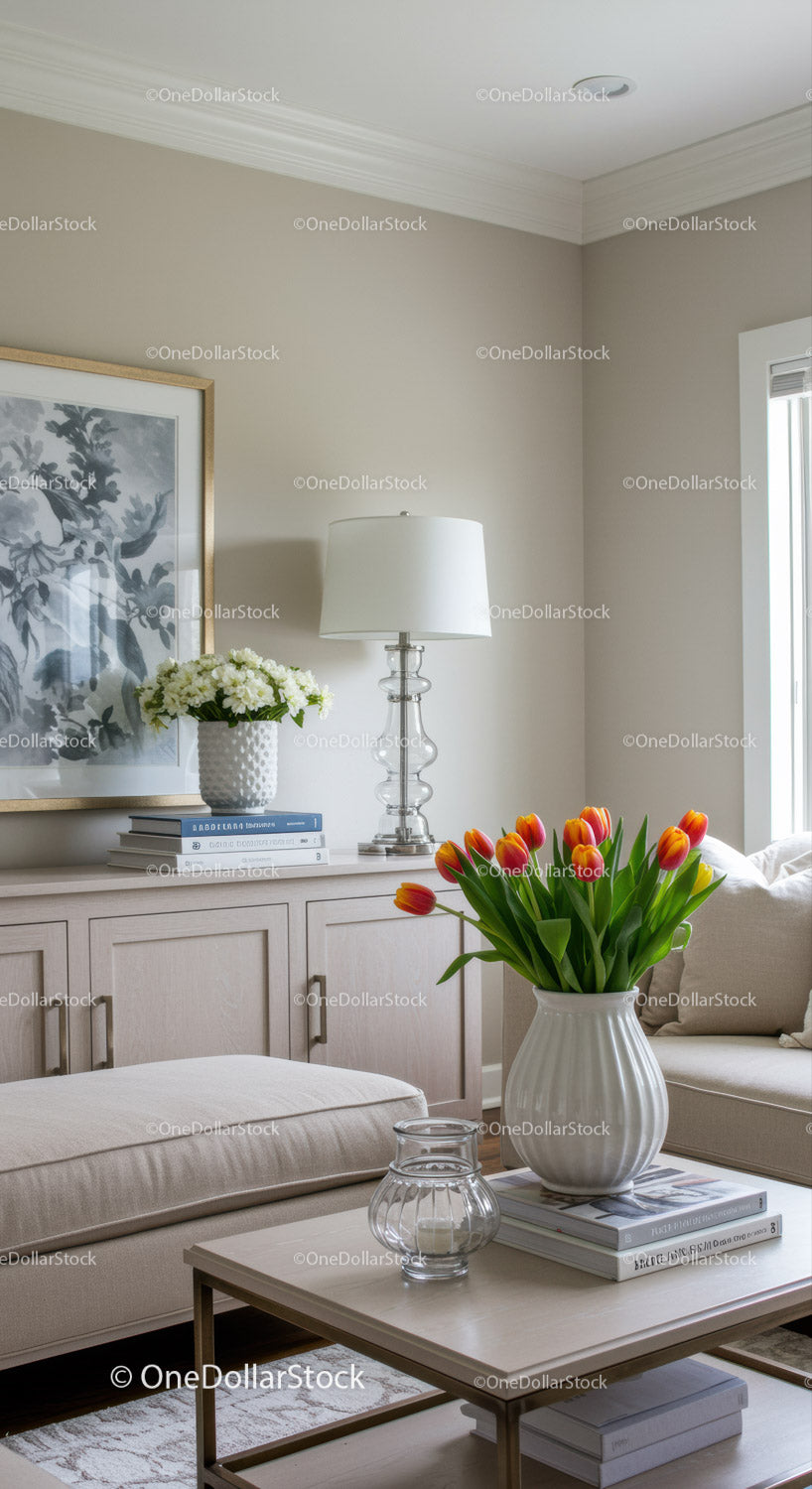 Bright Living Room with Tulip Vase and Modern Decor