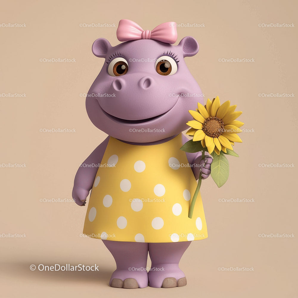 Cute Cartoon Hippo Holding Sunflower in Yellow Dress for Kids Illustration